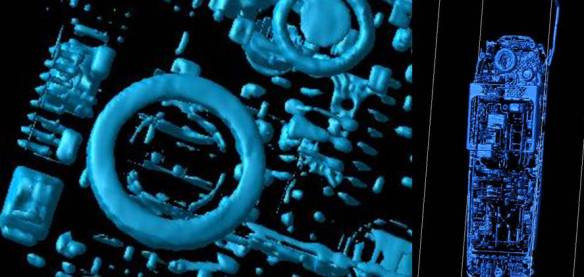 Left: Speaker componets clearly visable idefining 3D shape and measurable size and density. Right: Loose componets (extra screw) that has fallen into the phone during assembly is visable and measurable.